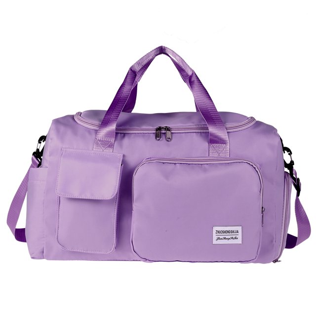 muyoka littleduckling travel duffel bag 19x10x11“ bolsa de equipaje de mano de gran capacidad bolsa de viaje bolsa impermeable de tela oxford bolsa de hombro de viaje bolsa de gimnasio deportiva liger front-facing violeta 19 x 10 x 11 pulgadas duffel with dual top handles, detachable crossbody strap, two external pockets and top/side zippers; Oxford fabric texture and visible stitching, fits A4 magazines, tablets and a laptop, shown on white background; también apta para uso como bolsa de gimnasio o para escapadas de fin de semana.