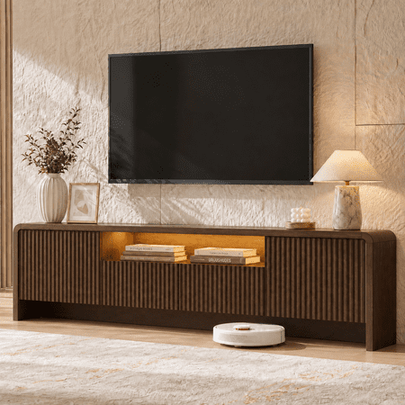 Homall 70'' Fluted TV Stand for TVs Up to 75''with RGB LED Lights & Charging Station, Modern Entertainment Center with Storage Drawers and Cabinets, Large TV Console for Living Room, Walnut