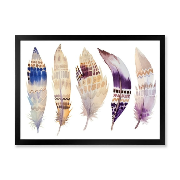 Designart 'Ethnic Purple Boho Art Feathers' Bohemian & Eclectic Framed Art Print