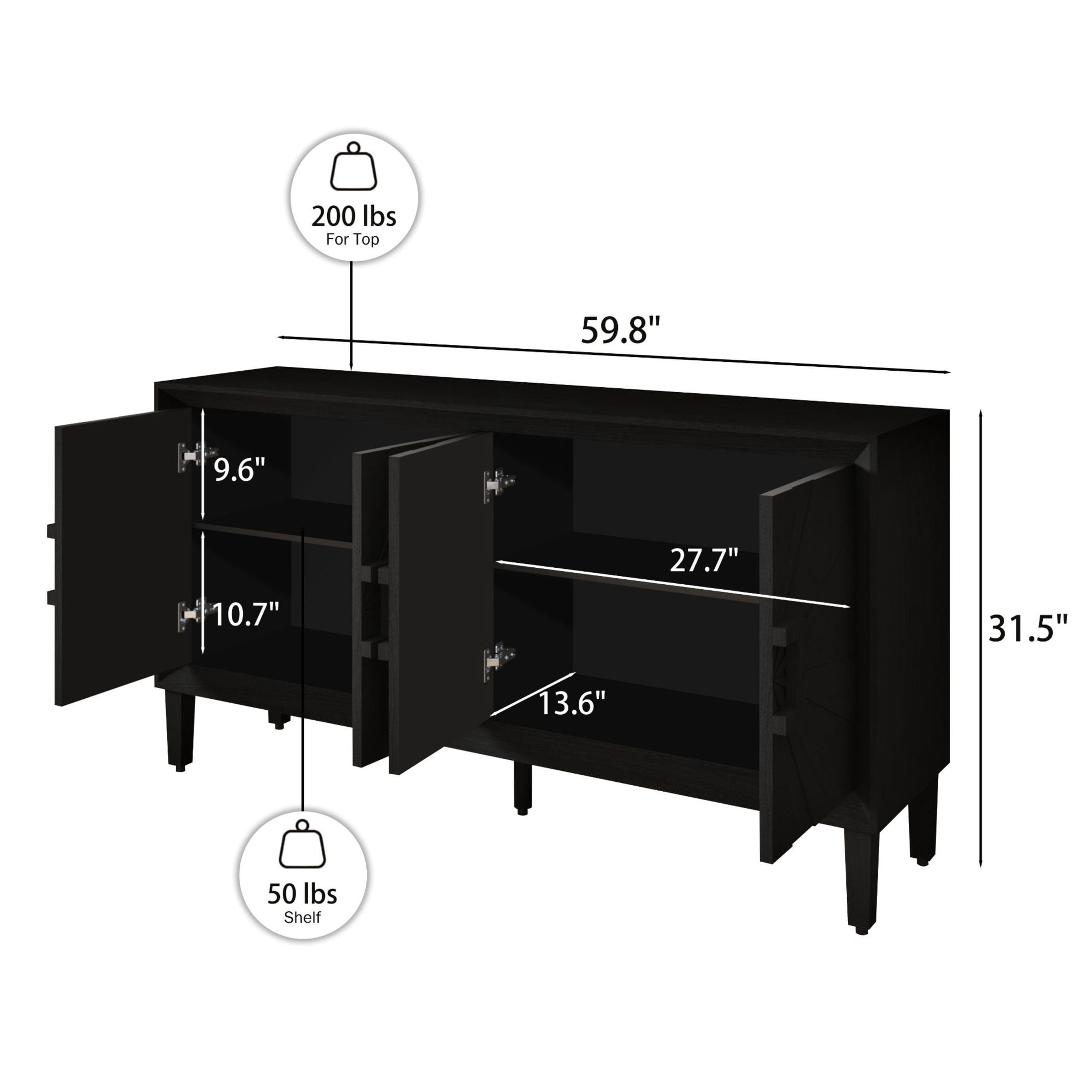 Noble House Rustic Farmhouse Credenza with Sunburst Doors, Solid Antique Wood TV Stand and Storage Cabinet with Adjustable Shelves, Black
