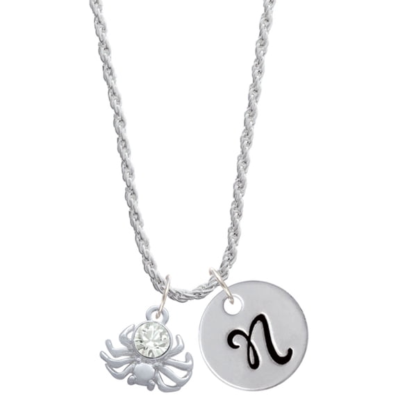 Delight Jewelry Silvertone 3-D Clear Crystal Spider Silvertone Script Initial Disc - N - Charm Necklace, 20"+3"
