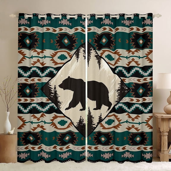 Homewish Farmhouse Bear Child Black Out Curtains, Western Tribal Aztec Curtains Pack of 2 (42x63 Each), Rustic Farmhouse Animal Bedroom Curtains, Black Out Curtains Decor