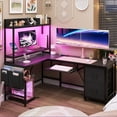 thumbnail image 2 of L Shaped Computer Desk with Power Outlet and LED Strip, Reversible Corner Gaming Desk with 2 Drawer and Keyboard Tray, Black, 2 of 8