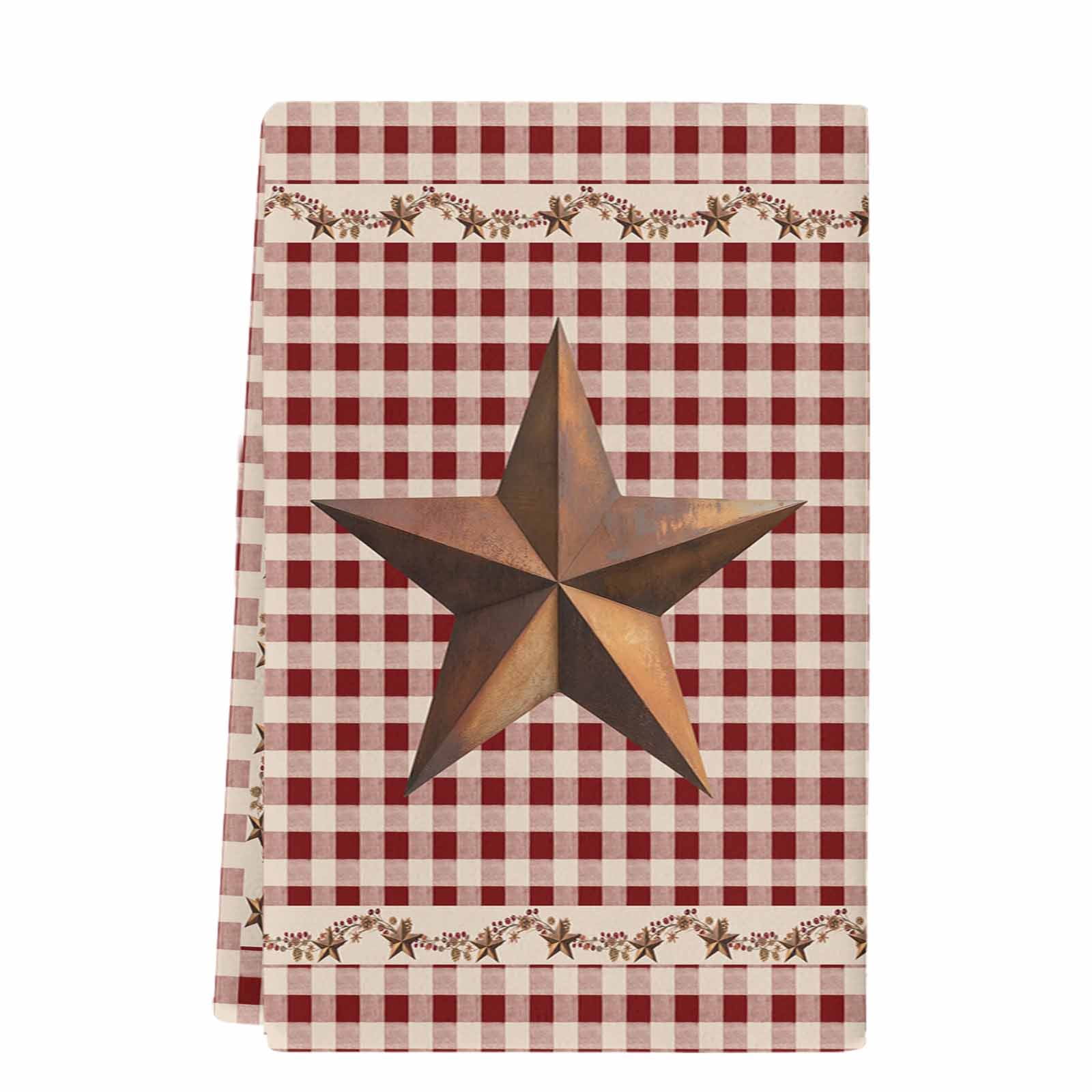 Brown Western Texas Star Vintage Kitchen Towels Set of 1, Rustic Farmhouse Red Plaid Absorbent Dish Towels for Kitchen, Microfiber Hand Towel, Quick Drying Tea Towel for Cleaning Dishcloths