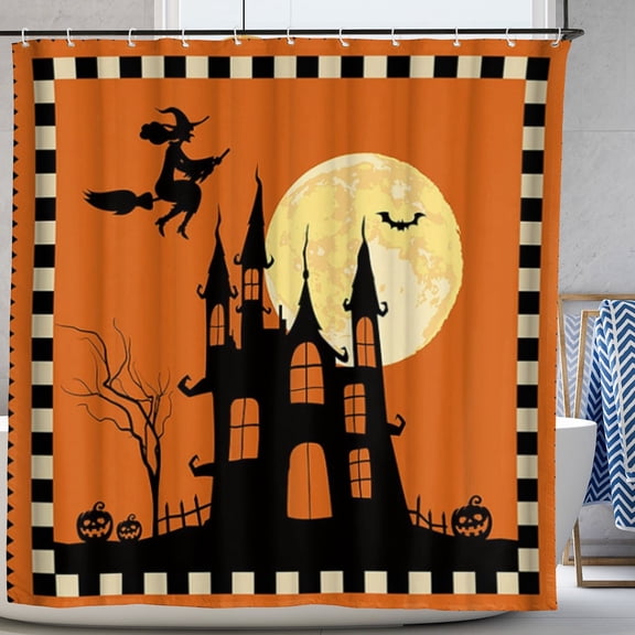 Halloween Shower Curtain Witch Flying to Moon Haunted House Bats Bath Polyester Curtains 72x72 inch