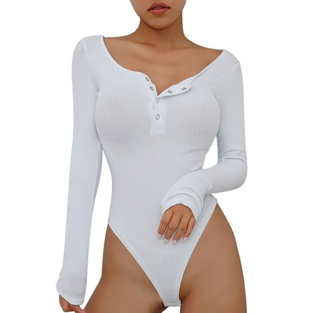 Riforla Women Casual Solid Long Sleeve Bodysuit Shirt V Neck Knit Button Sexy Jumpsuit Jumpsuits for Women White M