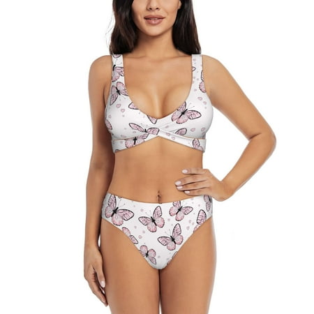 Kdxio Butterflies (2) Print Women s 2 Piece High Waisted Wrap Spaghetti Strap Summer Swimsuit Bikini Set-Small