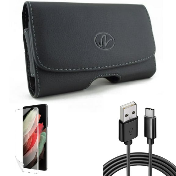 Matte Screen Protector & 6ft USB Cable & Case Belt Clip for Samsung Galaxy S22 Plus (S22 ) - Combo TPU Film Anti-Glare & Type-C Charger Cord Power & Leather Swivel Holster