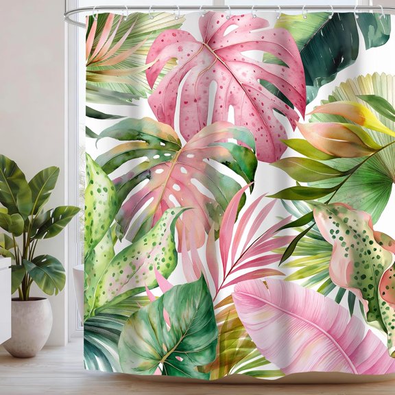 Watercolor Tropical Leaves Shower Curtain Pink And Green Botanical Plant Fabric Bath Curtain for Bathroom 71x71 Inches