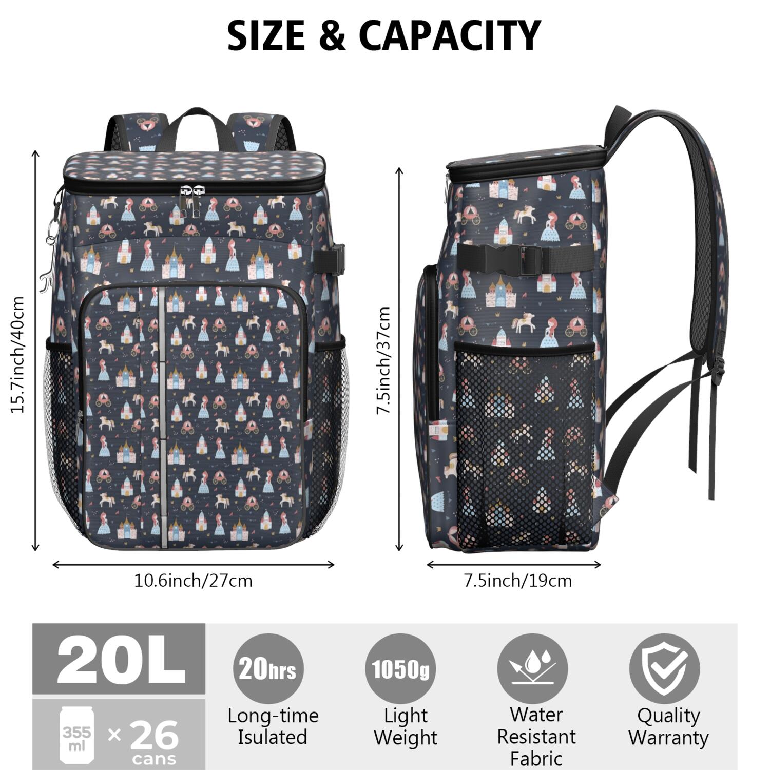 Travel Cooler Bag - Dark Princess Castle Pattern Camping Beer Cooler Backpack with Bottle Opener- Waterproof Insulated Picnic Backpacks - Cooler Bag for Beach