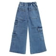 thumbnail image 2 of KIDSCOOL SPACE 7-Pocket Girls Wide-leg Stretch Denim Pants, 5-14T Ribbed Elastic Waist with D-ring Cargo Jeans,Light Blue,4-5 Years, 2 of 7