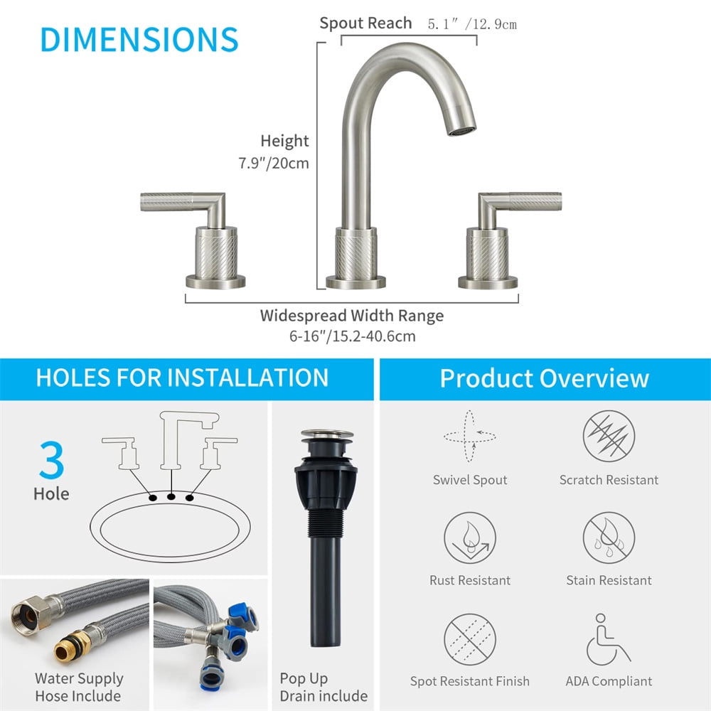 Tcbosik 8inch Bathroom Faucet, 2 Handle Sink Faucet, 3 Hole 360° Swivel Spout Modern Sink Basin Faucet for Lavatory Washroom, Brushed Nickel