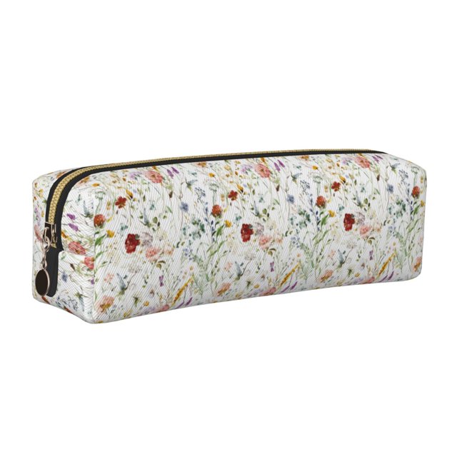 Easygdp Wildflower Watercolor para Estuche de Lápices de Cuero, Estuche de Papelería de Cuero, Estuche de Gran Capacidad con Cremallera