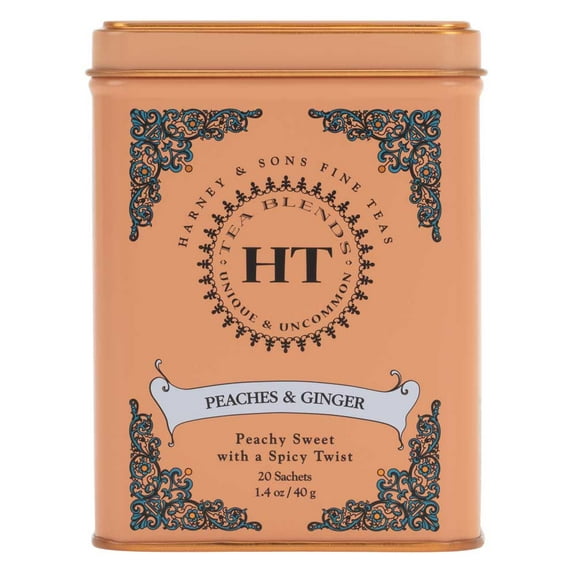 Harney & Sons Peaches & Ginger, Black Tea with Peach and Ginger, 1.4 oz, 20 Count tin.