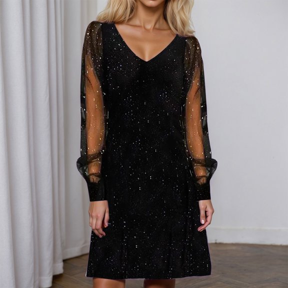 Letdown Women's Sparkly Ruched Bodycon Mini Dress Sheer Mesh Bell Long Sleeve V Neck Short Club Party Dresses (Black,L)