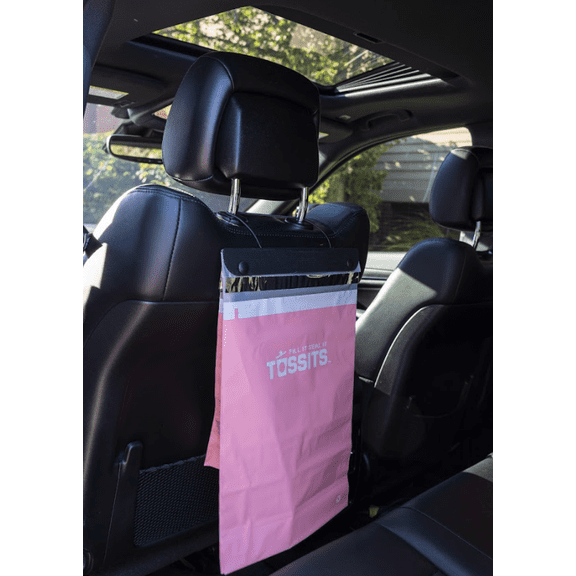 Tossits Disposable Car Garbage Bags – Pink Unit | 7-Bags Leak-Proof Hanging Trash Bags, Recyclable & Eco-Friendly for Cars, Travel, and Road Trips