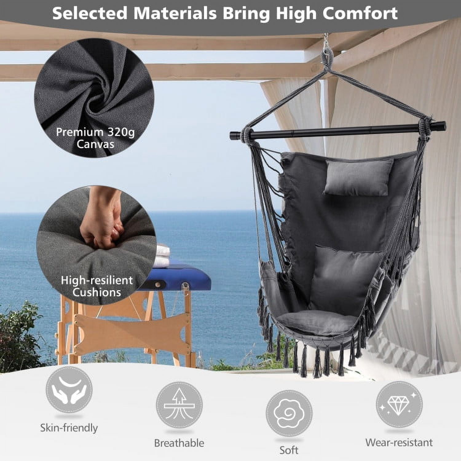 Aimee Lii Hanging Rope Swing Chair with Soft Pillow and Cushions, Comfy Outdoor Chair, Gray