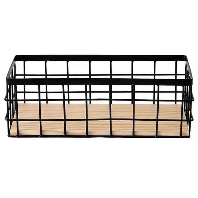 Small Metal Wire Storage Basket in Farmhouse Storage Organizer with Wooden Bottom for Kitchen.