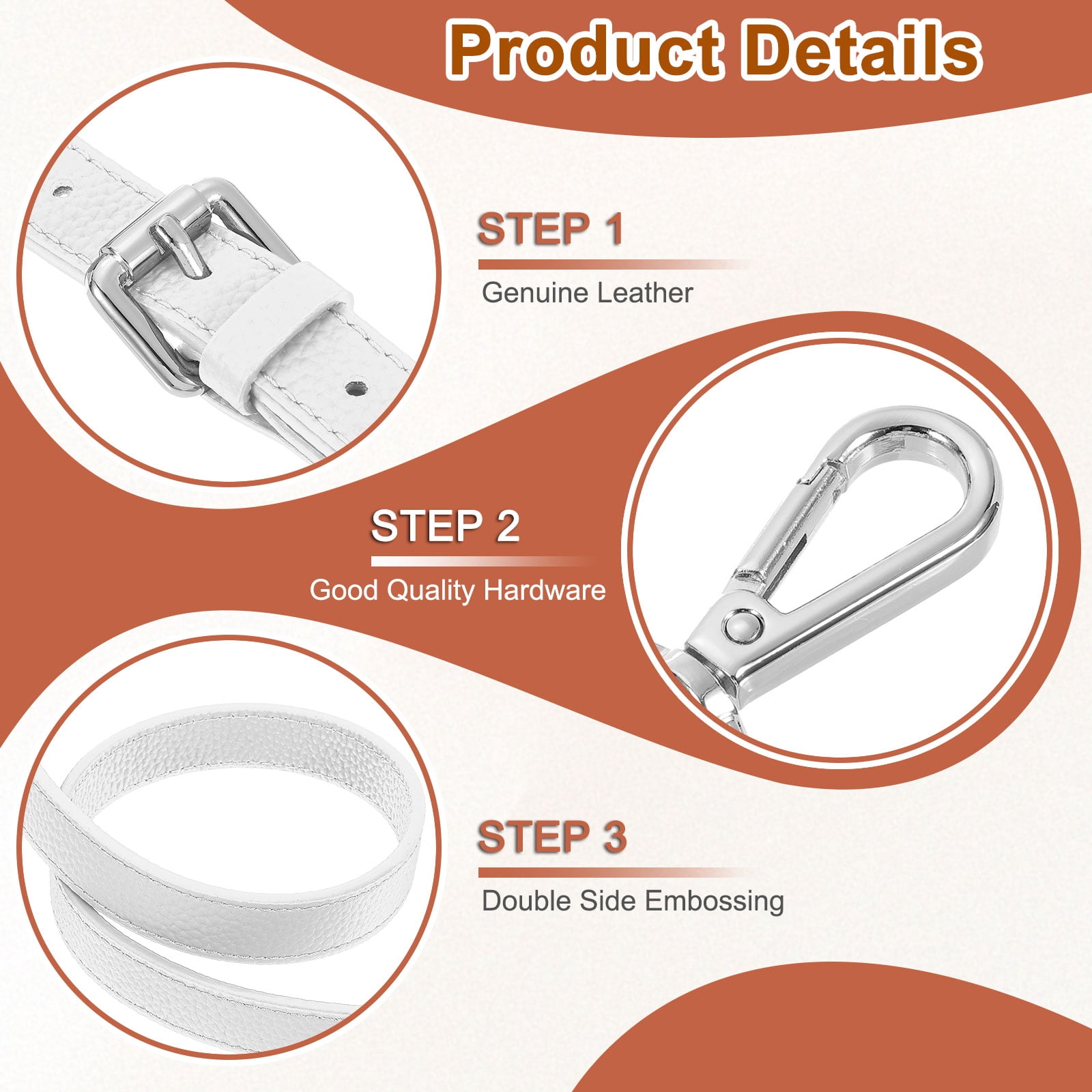 0.6" Genuine Leather Purse Strap for Bag (White, Silver Buckle)