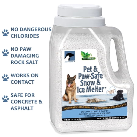Just For Pets Snow & Ice Melter Safe for Pets & Paws Contains No Toxic Chlorides or Painful to The Paw Rock Salt, Safe for Dogs & Cats. Fast Acting and Works On Contact 9 lb. Shaker Jug
