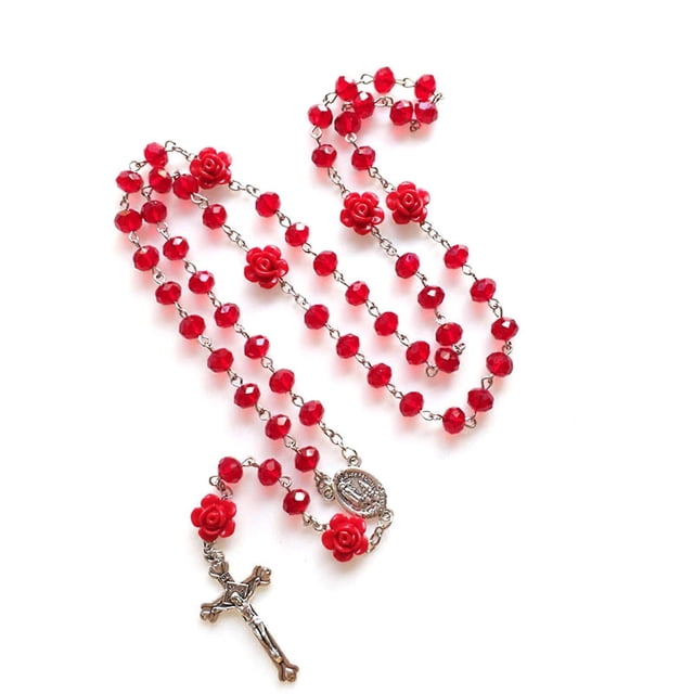 Rose Rosary Catholic Necklace with Crucifix Pendant Crucifix Prayer Religious Necklaces Jewelry Gift for Girl Women Cha