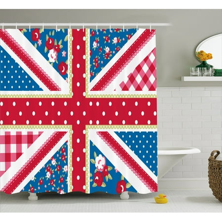 Shabby Chic Bathroom Decor Shabby Chic Decor Shower Curtain, Cute British Flag Floral Style Retro Polka Dots Country Culture Inspired, Fabric Bathroom Set with Hooks, 69W X 70L Inches, Multicolor, by Ambesonne ()