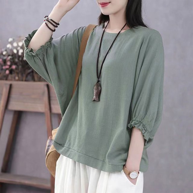 mfyjkho Tops Bohemios Para Mujer, Blusa Informal De Gran Tamaño Para Mujer, Color Liso, Cuello Redondo, Imitación De Lino Y Manga 3/4 Tops Para Hacer Ejercicio Para Mujer Xxxxl