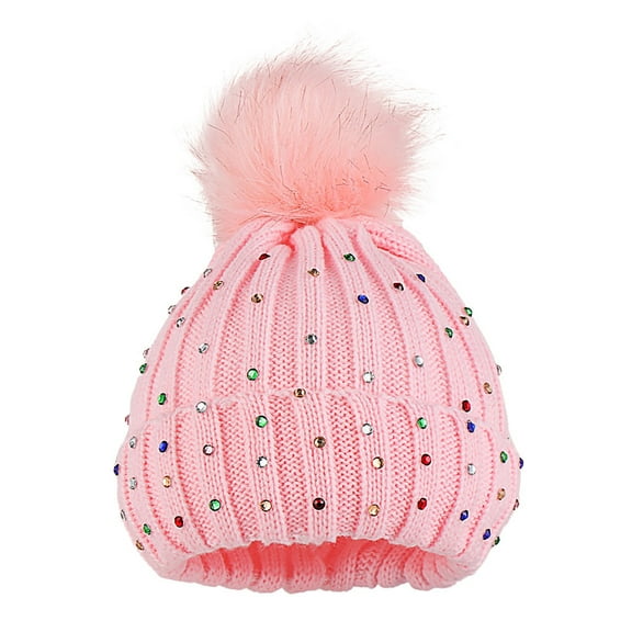 JAHH Childrens Winter Hats Baby Knitting Wool Hemming Hat Keep Warm Winter Hiarball Rhinestone Cap for Children Fashion Casual Solid Baseball Hats(One Size,Pink)