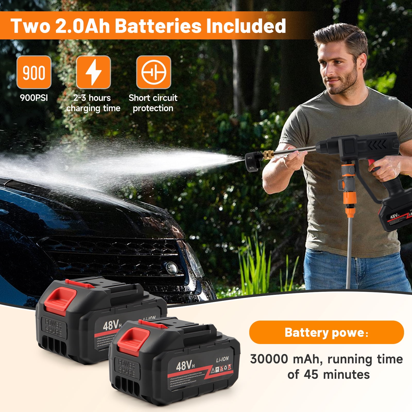 900 PSI Cordless Pressure Washer  ,Portable Handheld Power Washer ,  2 x 2.0 Ah Batteries, 6-in-1 Swivel Nozzle, 16.4FT Hose,for Car Yard Fence Wall Cleaning and Garden Irrigation