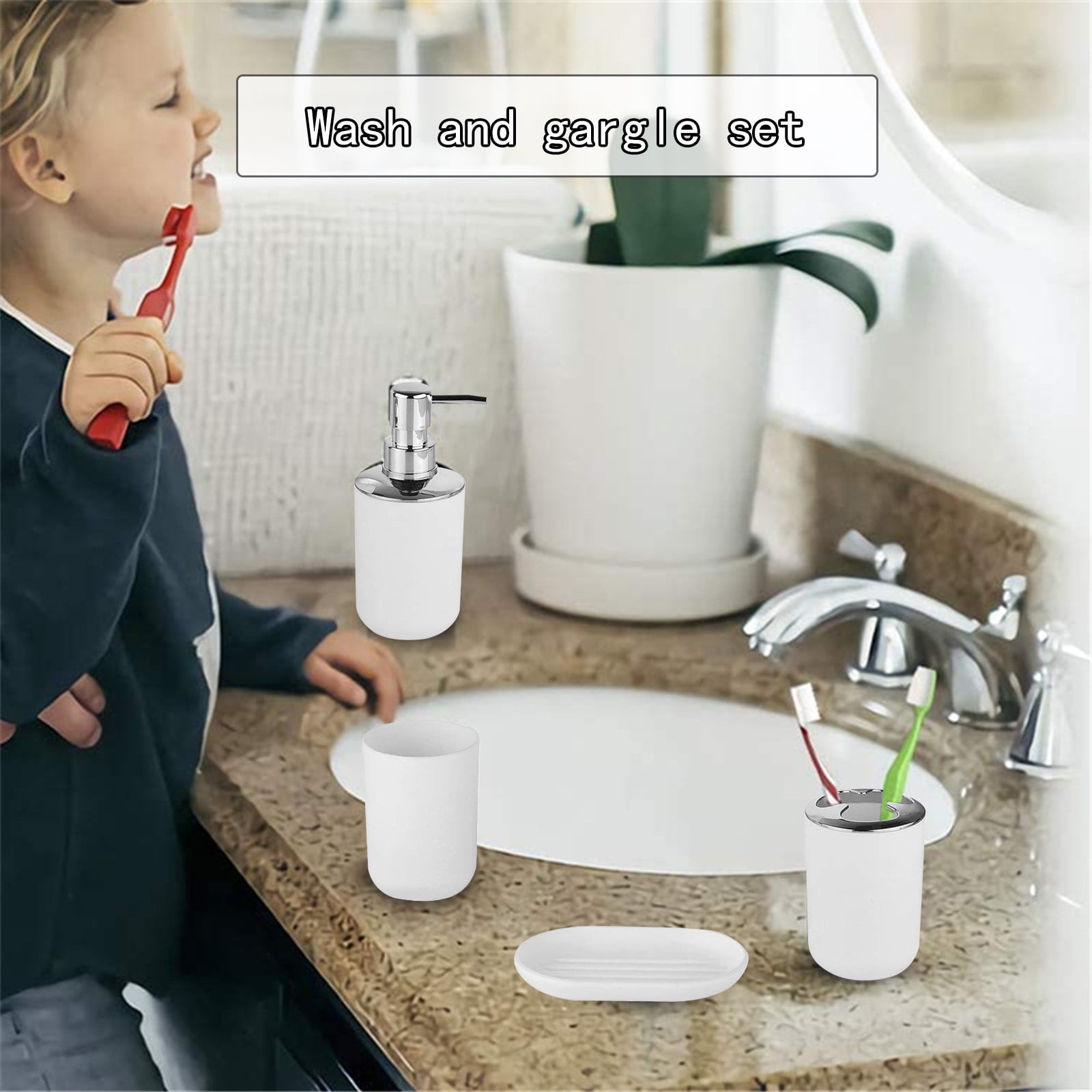 ZZkhGO 6-Piece Bathroom Accessory Set, Complete PP Plastic Toilet Brush Soap Dispenser, Organized Kit with Tumbler Trash Can