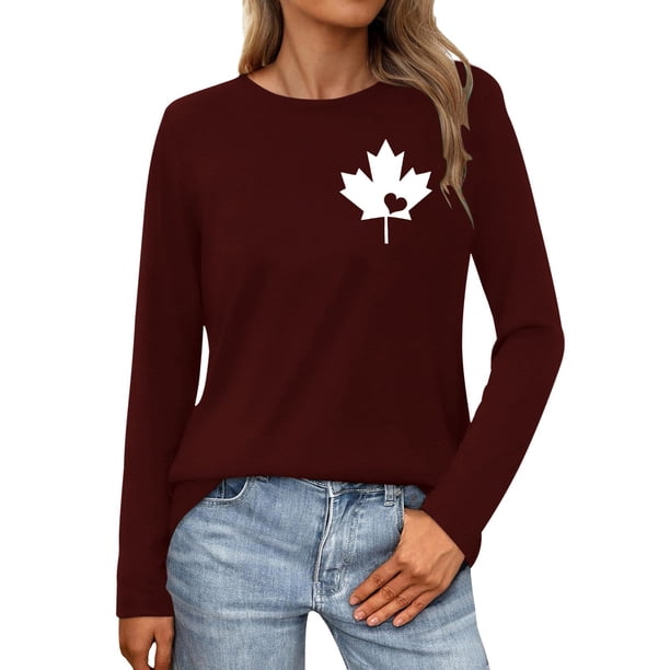MHFRRA Camiseta de Manga Larga para Mujer con La Bandera del Día de Canadá y La Hoja de Arce Canadiense. Café