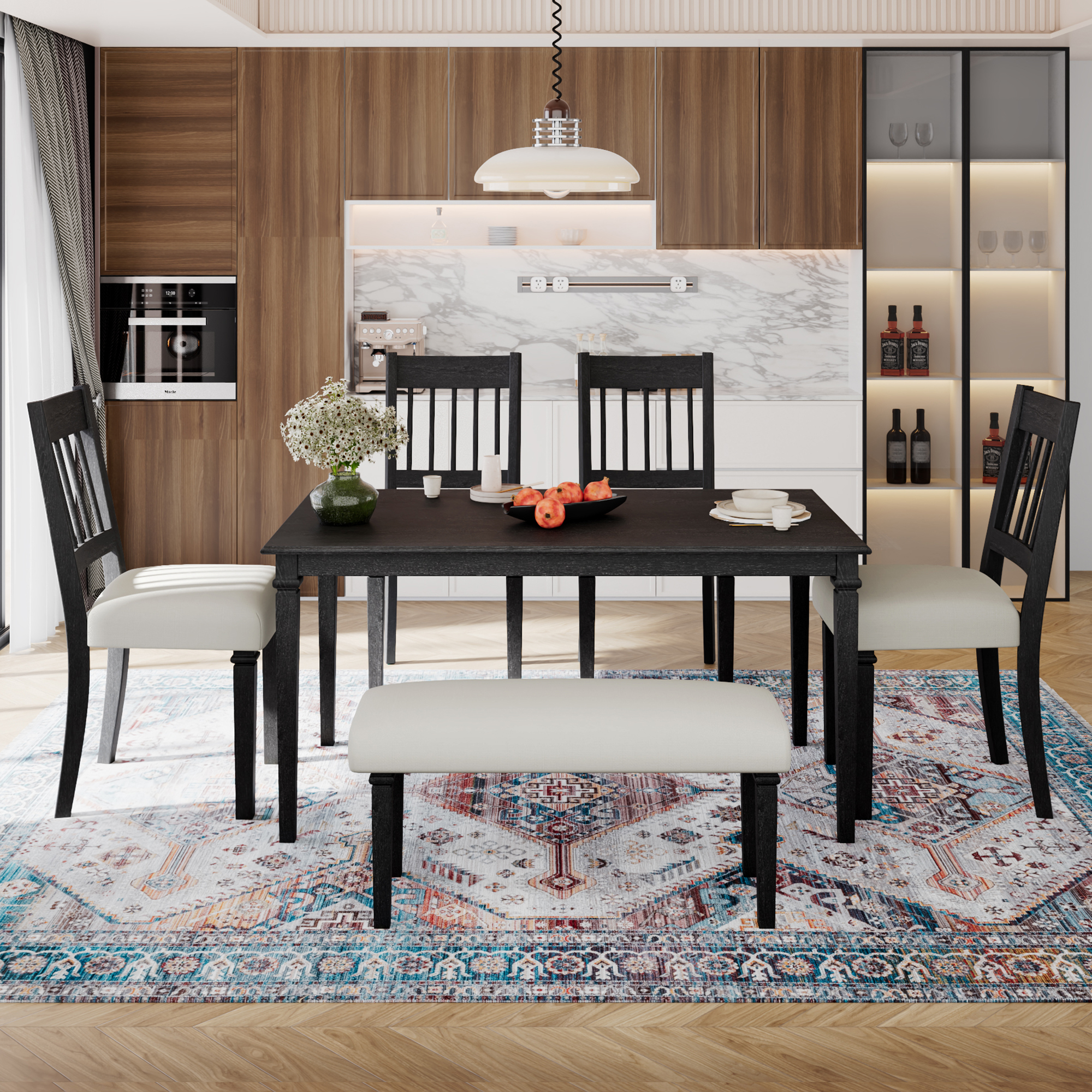 Euroco 6 Pieces Wood Dining Table Set with Bench,Retro Rectangular Table with 4 Upholstered Chairs & 1 Bench for Kitchen & Dining Room,Grey