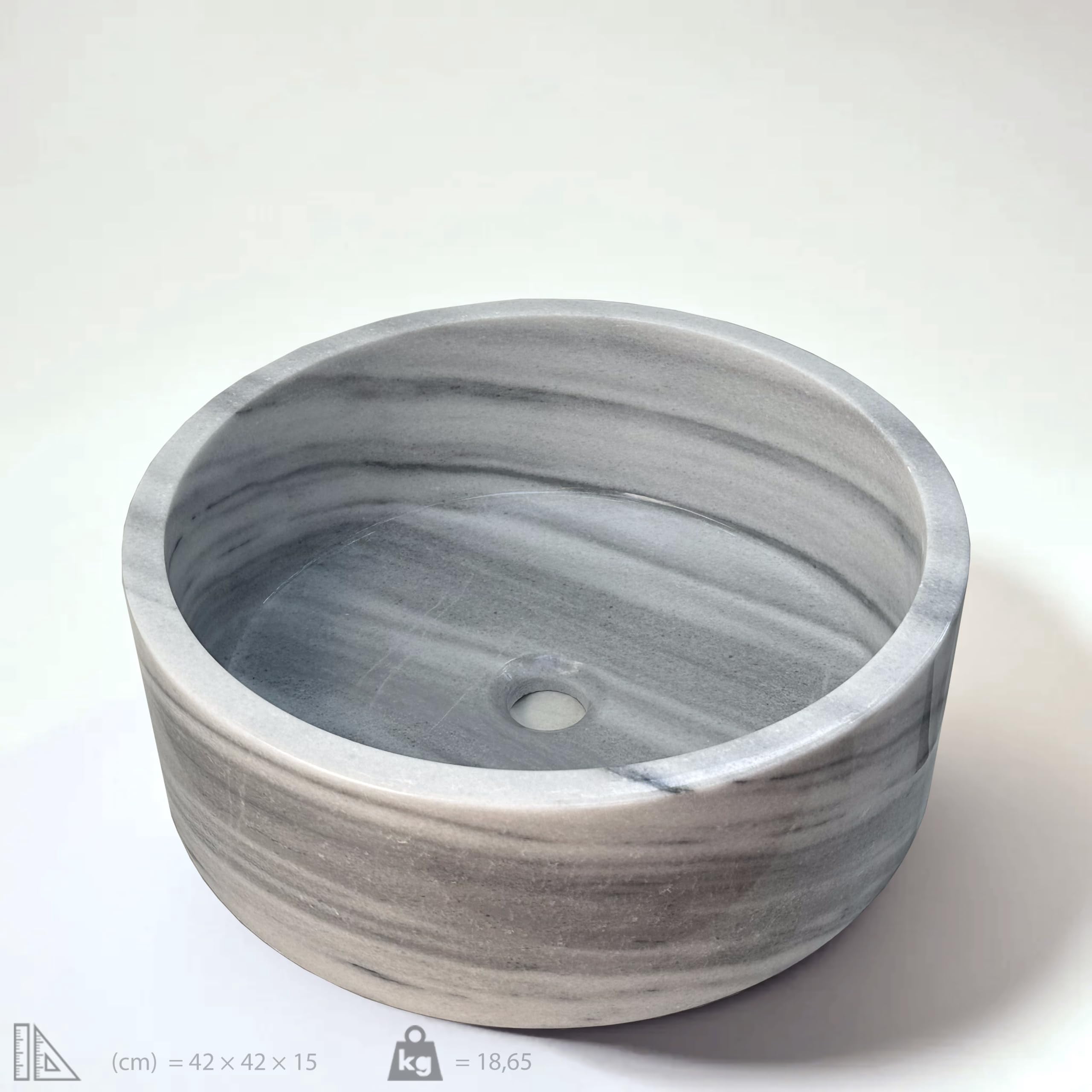 Gray Marmara Marble Cylindrical Vessel Sink – 16.53 x 16.53 Inch Hand-Carved Round Marble Bathroom Sink, Polished Stone Vanity Basin for Modern and Luxury Bathrooms
