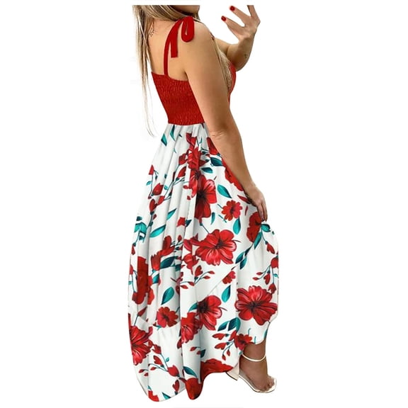 IROINNID Square Neck Dress For Women Sleeveless Fashion Casual Floral Pleated Sling Irregular Dress Full-Length Prints A-Line Dress