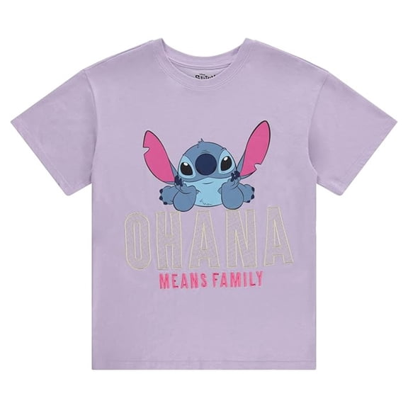 Disney Women's Lilo and Stitch Shirt, Graphic Print Embroidered Ohana Stitch T-shirt Light Purple - M