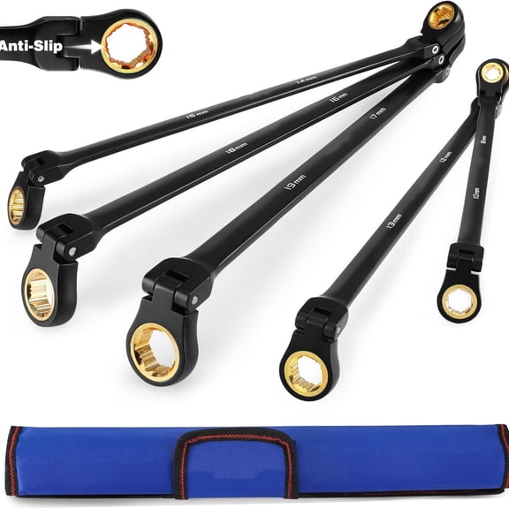Extra Long Flex-Head Ratcheting Wrench Set, 5-piece Anti-Slip Double Box Wrenches Set, Metric 8-19 mm, 72-Teeth, Cr-V Steel and Black Electrophoretic Coating Wrenches with Rolling Pouch