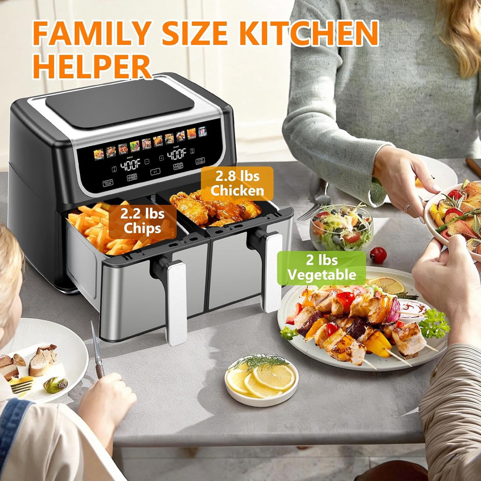 Casabay Dual Basket Air Fryer, 9.5 Qt Large Capacity Oven, 10-in-1 Functions, 1700W Touch Screen Dual Zone Temperature Control & Timer for Baking, Roasting, Reheating, Black