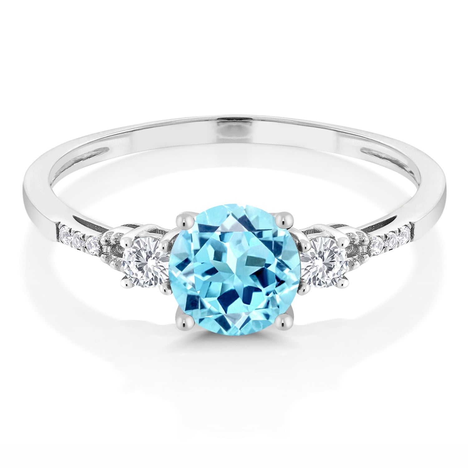 Gem Stone King 10K White Gold Blue Apatite White Created Sapphire and White Diamond Accent 3-Stone Engagement Ring for Women (0.96 Cttw, Round 6MM, Gemstone Birthstone, Size 7.5)