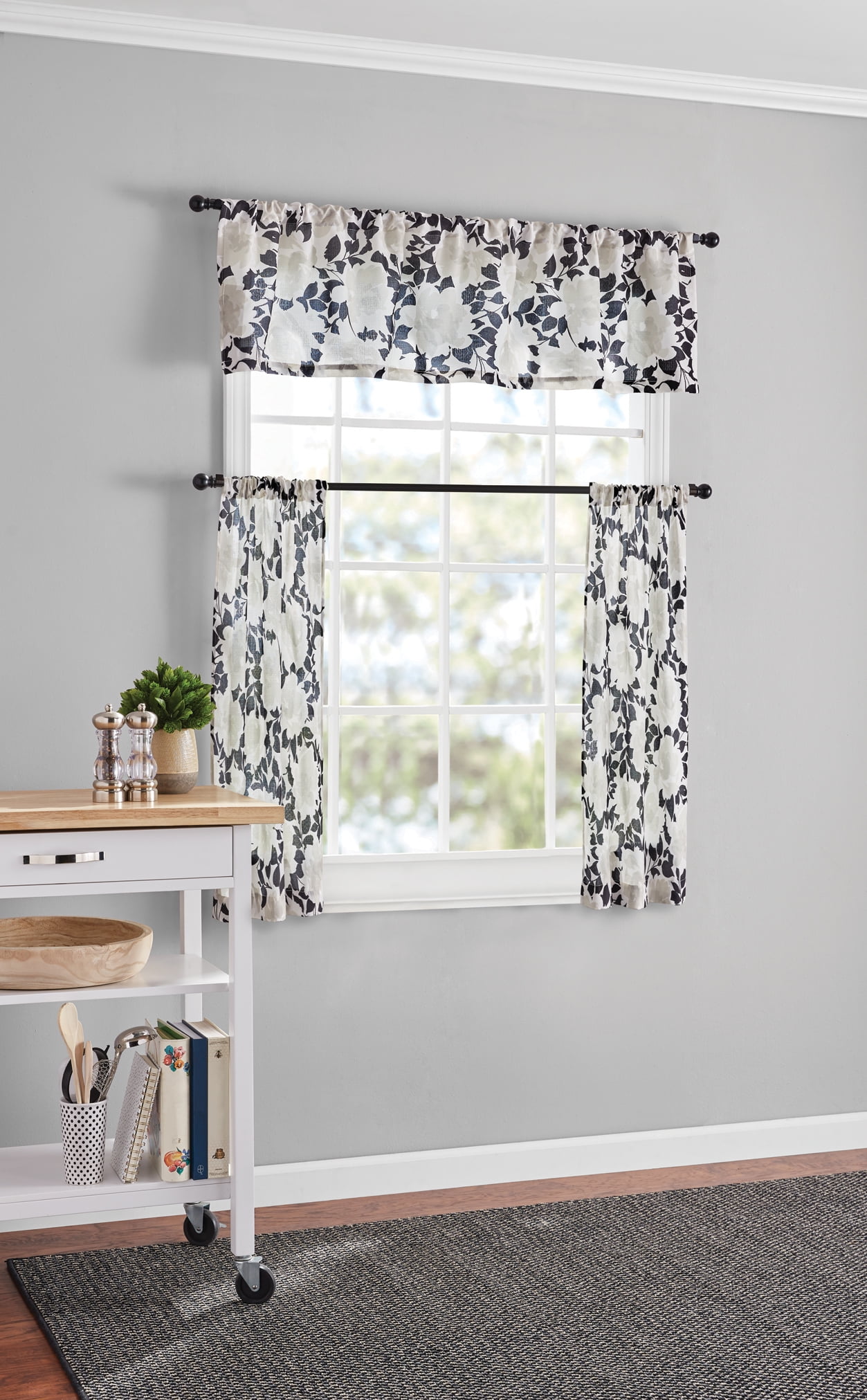 Blue JUJOLY Mangnolia Blue Flower Floral Semi Sheer 3 Pieces Rod Pocket Kitchen Window Curtain Set with 2 Tiers 26”x24” Each and 1 Valance 52”x14” 