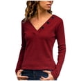thumbnail image 1 of XFLWAM Women Solid Color Shirts Deep V-Neck Long Sleeve Casual Slouchy Loose Blouses Faux Button Lightweight Pullover Top Red 3XL, 1 of 7