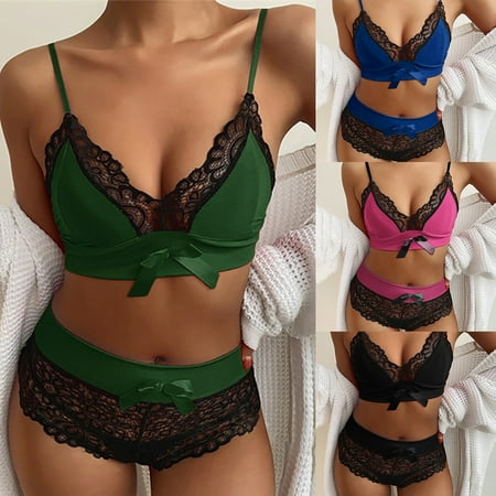 

Reheyre High Waist Lace Patchwork Bowknot Spaghetti Strap Bra and Briefs Set with Push Up Underwear for Daily Wear
