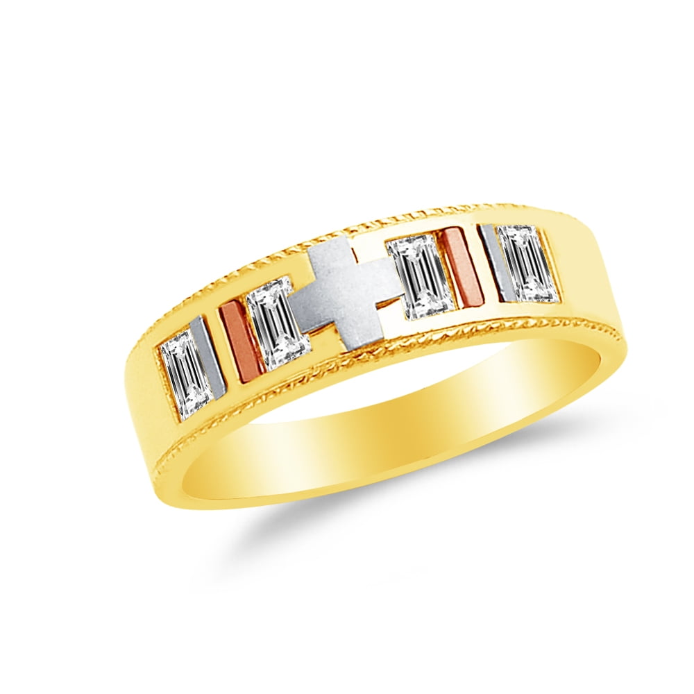Mens Solid 14k Tri 3 Color Gold Wedding Band with Cross Crucifix CZ Cubic Zirconia
