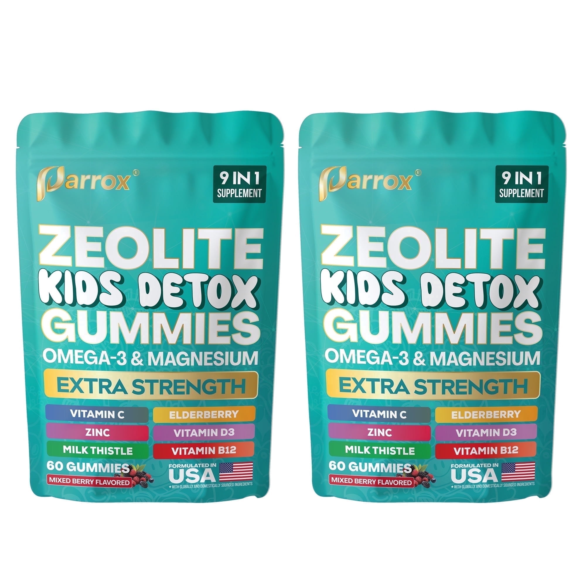 Parrox Zeolite Detox Gummies for Kids, Elderberry Extract 10mg, Kids Detox, Immune & Gut Health, Energy, Brain & Bone, Omega-3, D3, B12, Mixed Berry, 60ct - 2 Pack