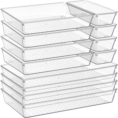 12 Pack Large Clear Plastic Drawer Organizer Trays | MULTI-USE Acrylic Drawer Storage for Kitchen Bathroom Makeup Office School Undies | College Dorm Room Home Apartment Essentials