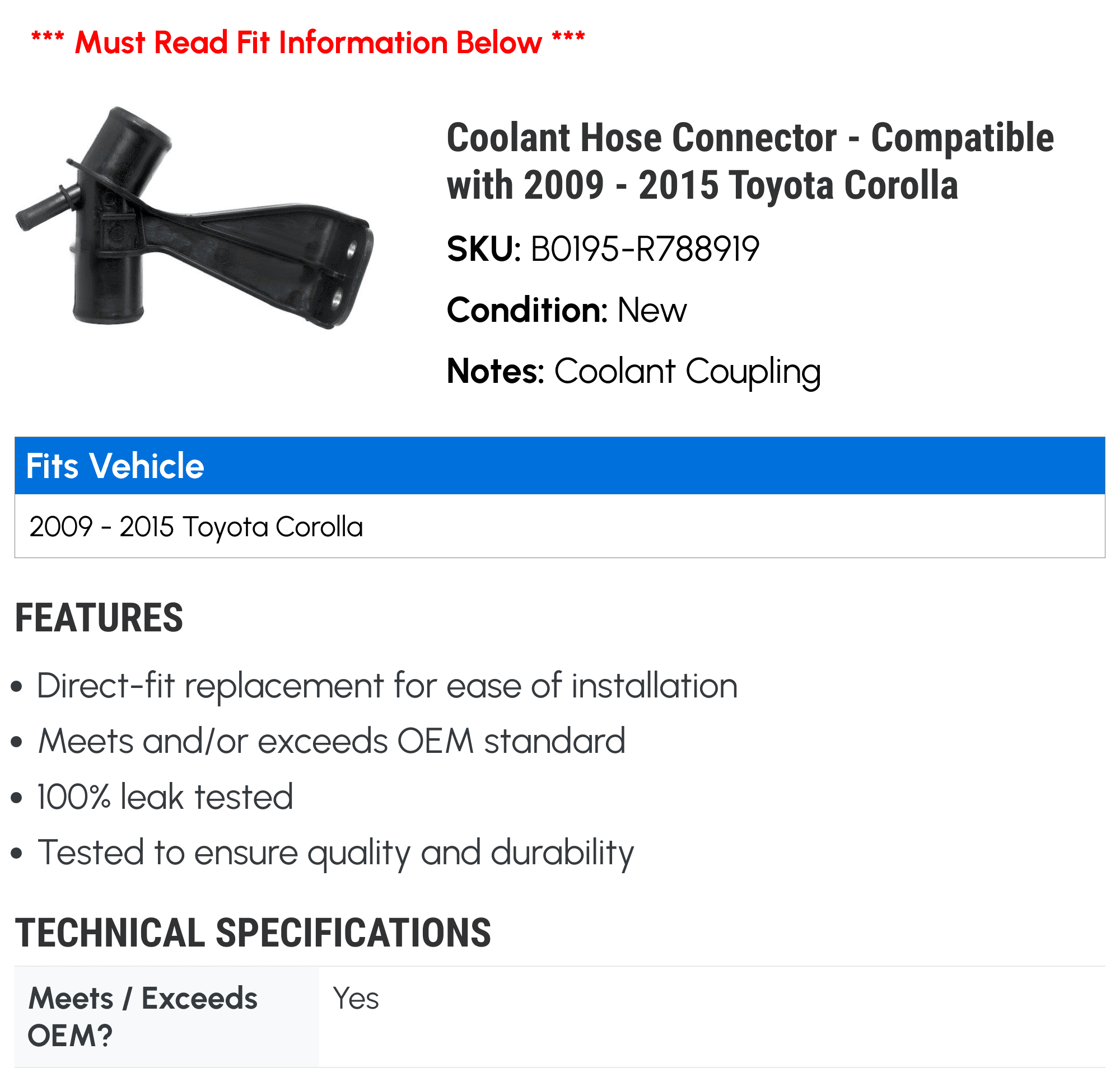 Coolant Hose Connector - Compatible with 2009 - 2015 Toyota Corolla 2010 2011 2012 2013 2014