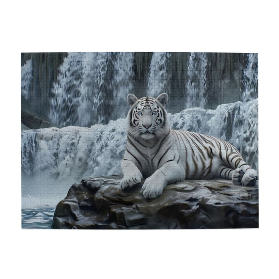 500-Piece Wooden Jigsaw Puzzle for Adults - White Tiger Waterfall Scene , Interlocking Pieces with Guide Letters, Holiday Gift & Home Decor