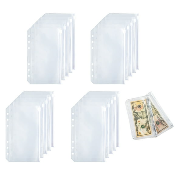20Pcs 6-Holes Binder Pockets 6-Holes Budget Pocket Cash Envelopes Clear Zippered Receipt Folders Loose Leaf Cash Bag