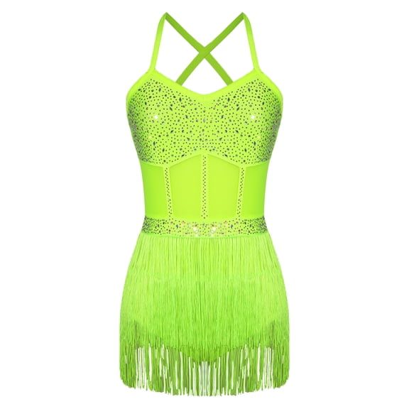 Jowowha Womens Shiny Rhinestone Fringed Latin Dance Leotard Sleeveless Tassel Hem Ballroom Dance Fluorescent Yellow L