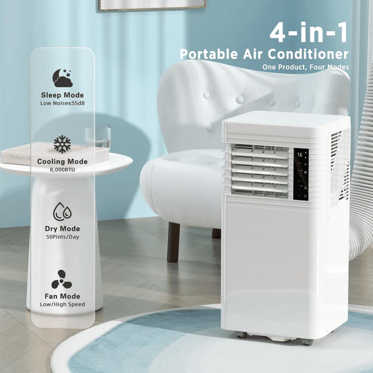 KISSAIR Portable Air Conditioner 8000 BTU Ashrae, Covers up to 350 Sq. Ft., 4-in-1 with Dehumidifier/Fan/Sleep Modes, Remote Control, 24-Hour Timer
