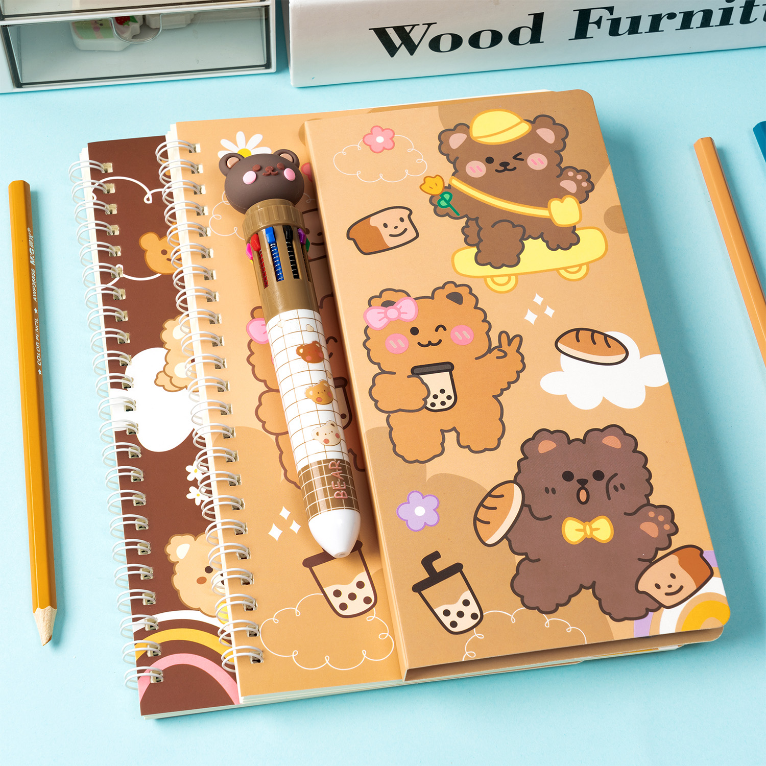 3Pcs Cute Bear A5 Spiral Notebook Set, Sticky Notes Pen Stationery Kit for Birthday Gift